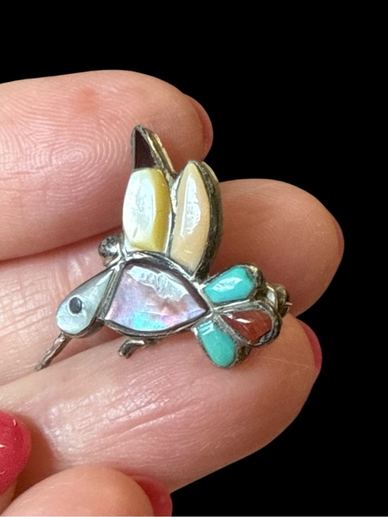 Zuni Jewelry - Vintage Zuni Sterling Silver Hummingbird Brooch Pendant Multi-Stone Inlay